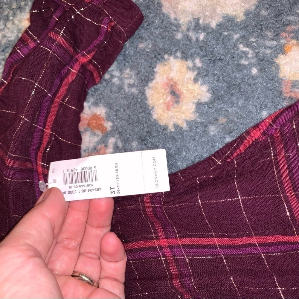 Old Navy NEW Plum Plaid Girls Long Sleeve Festive Dress with Keyhole Back 3T